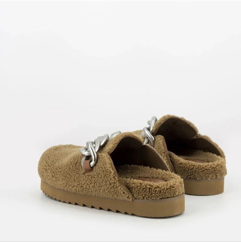 ASH Women's Ghost Fur Mule Slide Clog Brown Leather Silver Metal Chain